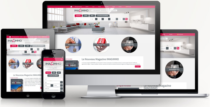 Site Responsive Design versions mobile, tablette, pc du groupement d’agences immobilières Imagimmo