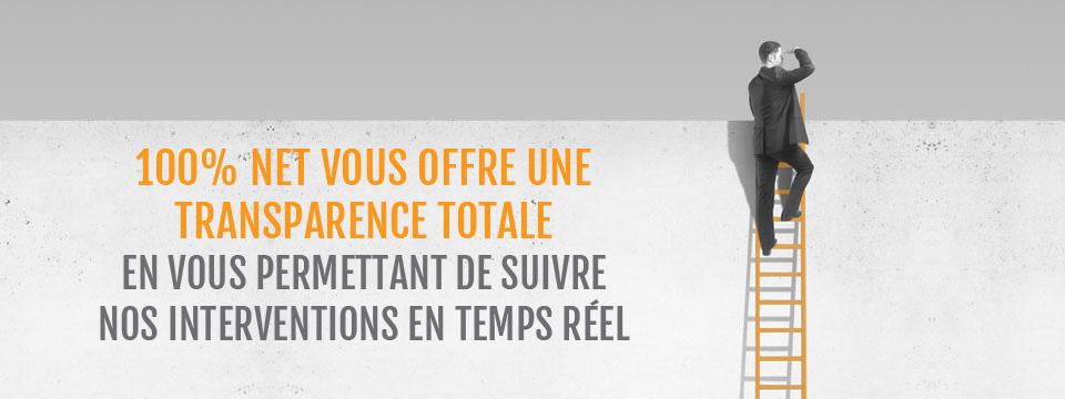 100% Net vous offre une transparence totale en vous permettant de suivre nos interventions en temps réel